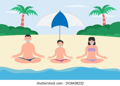 Holiday in new normal vector concept: Little son and parents doing yoga in the beach while wearing face mask