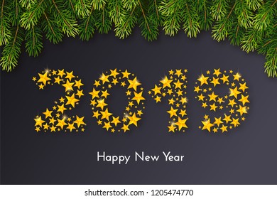 Holiday New Year 2019 gift card with fir tree branches on dark background. Template for a banner, poster, invitation. Vector illustration for your design