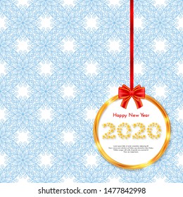 Holiday New Year 2020 gift card with golden circle frame and red bow. Template for a banner, poster, invitation. Vector illustration for your design