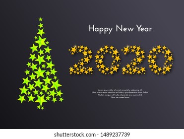Holiday New Year 2020 gift card. Silhouette of a Christmas tree with neon green stars on dark background. Template for a banner, poster, invitation. Vector illustration for your design