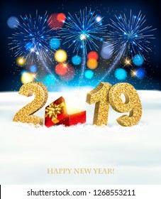 Holiday New Year background with a firework and  2019. Vector. 