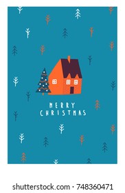 Holiday New Year card with snow village and text quote merry Christmas.