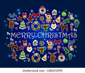 Holiday new year and christmas vector card.  Cute christmas characters on the deep blue background. Text Merry Christmas and happy new year.