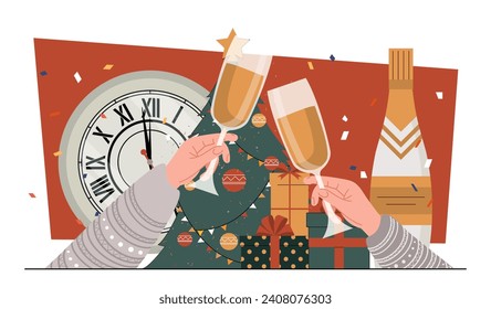 Holiday new year concept. Hand of man and woman with glasses of champagne. Noel Eve and Merry Christmas. Young couple celebrate winter holidays indoor. Cartoon flat vector illustration