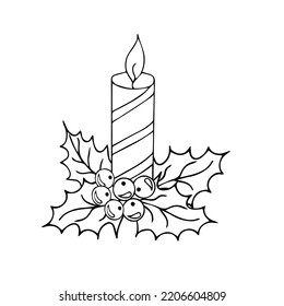 СhristmasCandle, holiday, New Year decor: Christmas trees, fireworks, decorations, bells, candles, Santa Claus, gifts, angels, Christmas star. For holiday decor. Contour hand drawing in doodle style. 
