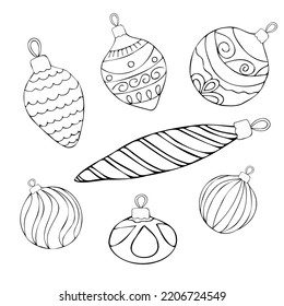Сhristmas, holiday, New Year decor: Christmas trees, fireworks, decorations, bells, candles, Santa Claus, gifts, angels, Christmas star. For holiday decor. Contour hand drawing in doodle style. Vector