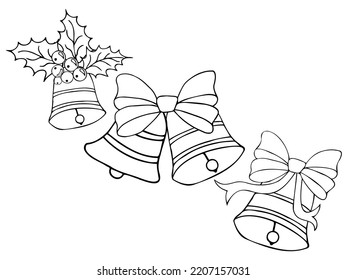 Сhristmas, holiday, New Year decor: Christmas trees, fireworks, decorations, bells, candles, Santa Claus, gifts, angels, Christmas star. For holiday decor. Contour hand drawing in doodle style. Vector