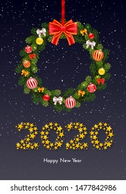 Holiday New Year gift card with numbers 2020 of golden stars, fir tree branches wreath and Christmas balls on dark background. Template for a banner, poster, invitation. Vector illustration