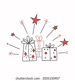 Holiday New Year gifts. Boxes with christmas gifts in doodle style. Vector illustration , background isolated.