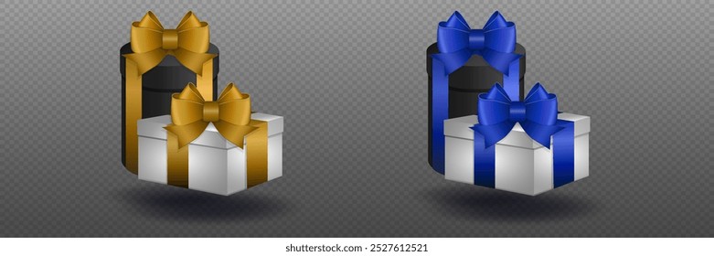 Holiday and New Year gifts. Boxes with beautiful ribbon and bow. Vector illustration