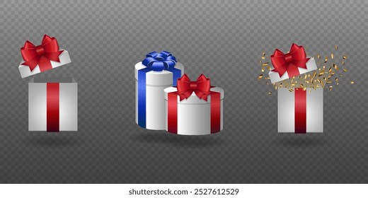 Holiday and New Year gifts. Boxes with beautiful ribbon and bow. Vector illustration