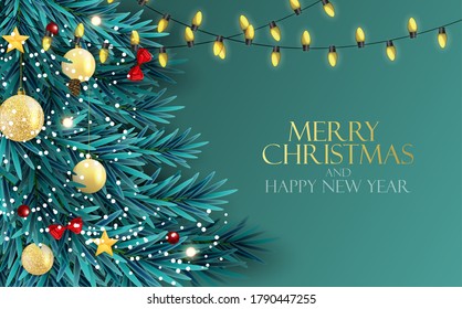 Holiday New Year and Merry Christmas Background with realistic Christmas tree. Vector Illustration EPS10
