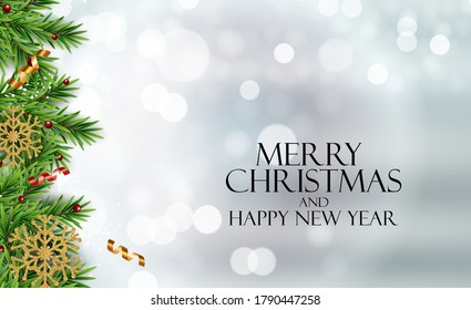 Holiday New Year and Merry Christmas Background with realistic Christmas tree. Vector Illustration EPS10