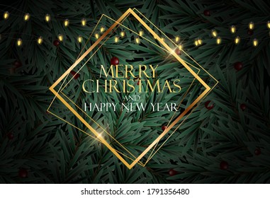 Holiday New Year and Merry Christmas Background with realistic Christmas tree. Vector Illustration EPS10

