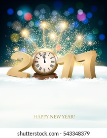 Holiday New Year's background with a Christmas tree, clock and fireworks. Vector.