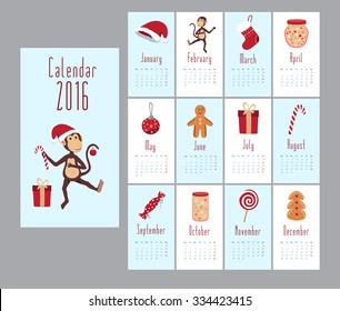 Holiday New Year's calendar for 2016. Illustrated editable vector images with sweets, monkey, gifts, Christmas toys.