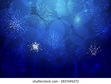 Holiday night background. Abstract isolated graphic design template. Deep blue color gradient, shining luxury elements. Glittering fireworks. Beautiful backdrop. Vector texture, transparent effects.