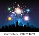 Holiday night cityscape exploding fireworks background. Town in glowing and glittering fireworks in the sky vector illustration