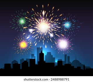 Holiday night cityscape exploding fireworks background. Town in glowing and glittering fireworks in the sky vector illustration