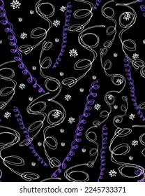 Patrón ininterrumpido de noche de vacaciones con nieve y cintas serpentinas en negro.fondo. Tarjeta de saludo, embalaje de regalo, papel de embalaje. Colección de estilo guijarros naif para el feliz año nuevo. 