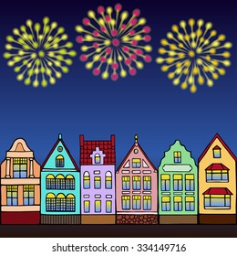 Holiday night in town. Vector illustration of hand drawn houses and fireworks for invitation, posters, greeting cards, annunciations