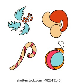 Holiday objects collection. Christmas theme with holly, santa hat, candy cane, ball, Christmas-tree decoration. Set of Christmas icons. Can be used as icons, wallpaper, wrapping paper, decoration.