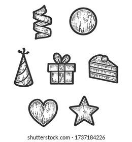 Holiday objects, signs and symbols. Sketch scratch board imitation. Black and white. Engraving vector illustration.