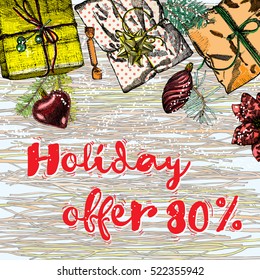 Holiday offer 80 percent off sale banner template design. Winter sale flyer with holiday background. Hand drawn Christmas illustration offer. Vector.