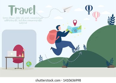 Holiday office backpacker travel adventure concept outdoor vacation theme hiking climbing trekking vector illustration.