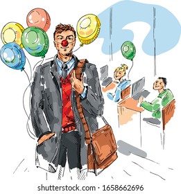 Holiday at the office. A man with balloons. Lifestyle. Cartoon funny characters. Vector hand drawn illustration. Card