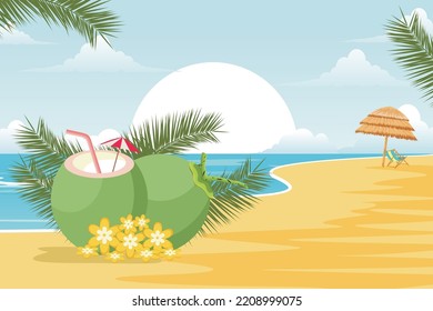 Holiday on the beach. Coconut drink. Beautiful sunrise . Coconut vector. Beautiful beach illustration at sunrise