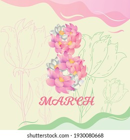 
Holiday on March 8. Women's international holiday. Background with tulips and patterns. Number 8 from flowers. Beige background. Holiday card. Beautiful card for women.