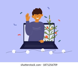 Holiday online video call. Distance celebration Merry Christmas, Happy New year. Young smiling man on digital screen laptop looking greeting with hand. Christmas tree. Virtual talk vector illustration