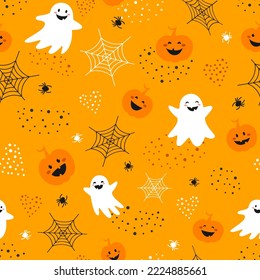 Holiday orange background with symbols of Halloween. Color seamless backdrop with funny ghosts and happy pumpkins, spiders, spider webs, dot's clouds and hearts