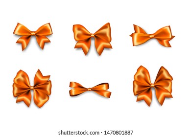 Holiday orange bow. Color eve satin Christmas gift bow knot ribbon. Birthday realistic design isolated vector. Silk shiny xmas bow textile sale tape. Satin bow set for gift. Silk golden tape.