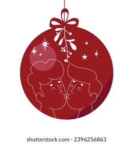 Holiday Ornament With Bow, Two Men Kiss Under A Mistletoe With White Berries And Stars to Celebrate Love, December, Holidays, New Year