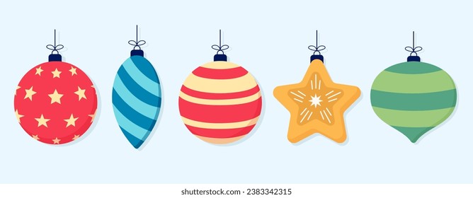 Holiday ornaments set. Christmas and New Year decoration. Colorful and modern in various shapes with stars, stripes and lines. Vector illustration.