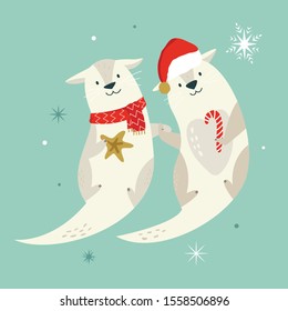 Holiday otters in scarf and Santa hat holding paws. Festive  illustration with adorable animals