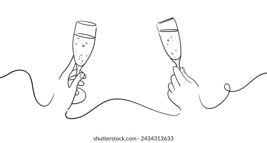 Holiday outline card decoration. Cheers toast festive decoration for holidays. Cocktail continuous one line drawing. Vector illustration