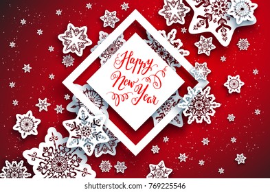 Holiday paper cut snowflakes on color background. Snow christmas winter decoration for design banner, ticket, invitation, greetings, leaflet and so on. Realistic effect with shadow.