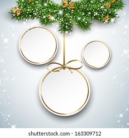 Holiday paper round labels. Christmas balls over starry background with fir branches. Vector illustration. 