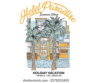 Holiday paradise. Italy city, Venice beach hotel print design for apparel, sticker, background, poster and others. City resort modern abstract art.