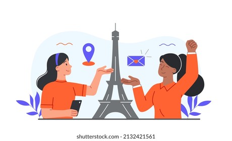 Holiday in Paris. Girls communicate on background of Eiffel Tower. Travel vacations, adventures, cultural values of country, historical objects, two female tourists. Cartoon flat vector illustration