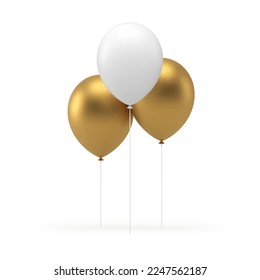 Holiday party 3d air balloon golden white rubber inflatable decor element on string realistic vector illustration. Festive carnival anniversary event greeting congratulations happy birthday design