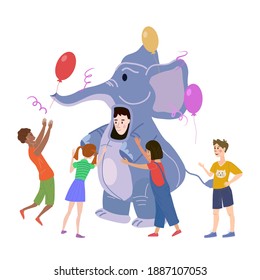 Holiday party actor entertainer wearing in costume Elephant, play with kids. Performance Birhday Carnaval Party, group children with adult animator. Vector cartoon flat style illustration isolated