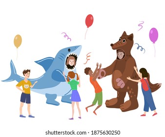 Holiday party actors entertainer wearing in costume Shark and Wolf, play with kids. Performance Birhday Carnaval Party, group children with adult animator. Vector cartoon flat style illustration