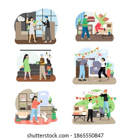 Holiday party celebration set, flat vector isolated illustration. Happy couples giving gifts, celebrating birthday, anniversary, Valentine Day, Xmas and New Year holidays at home, restaurant, cafe.