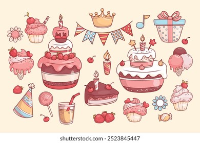 Feiertags- und Partykollektion. Einzeln mehrstufiger festlicher Kuchen mit Kerzen und Erdbeeren, Cupcakes, Geschenk, Eis, Krone, Girlande von Fahnen und Glas Limonade. Vektorgrafik.