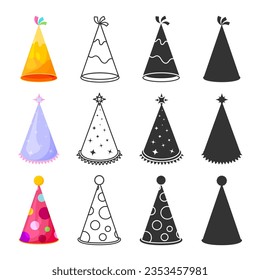 Holiday party cone cap hat triangle flat line glyph silhouette set. Editable stroke outline sticker colorful party headdress cartoon yellow purple wizard star magic red clown in dot fringe isolated