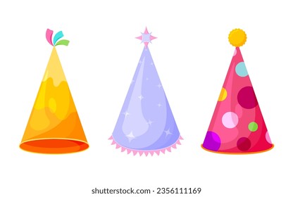 Holiday party cone cap hat triangle triangle party colorful flat set. Cartoon birthday sticker circus carnival decor paper headdress yellow purple wizard star magic red clown in dot fringe isolated